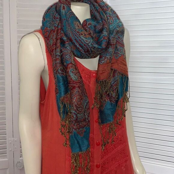 Vintage Paisley Large Wrap Scarf With Fringe - Picture 6 of 13